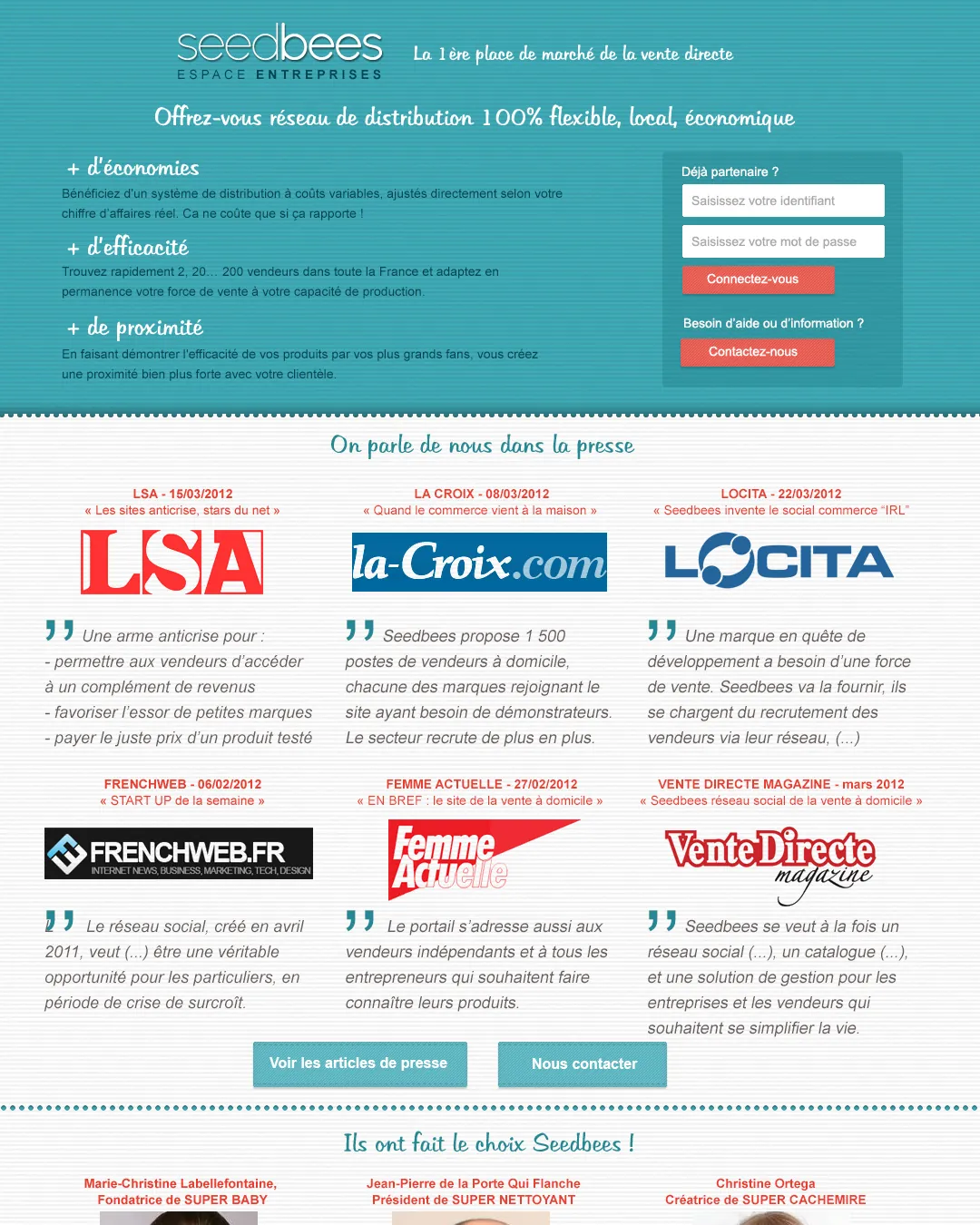 Page d’accueil du site Seedbees en 2012, version marques et partenaires, sous le titre « La 1ère place de marché de la vente directe » : 3 arguments, économie, efficacité et proximité, puis un bloc « On parle de nous dans la presse » qui cite LSA, La Croix, Locita, Frenchweb, Femme Actuelle et Vente Directe Magazine, et le début des témoignages de marques.