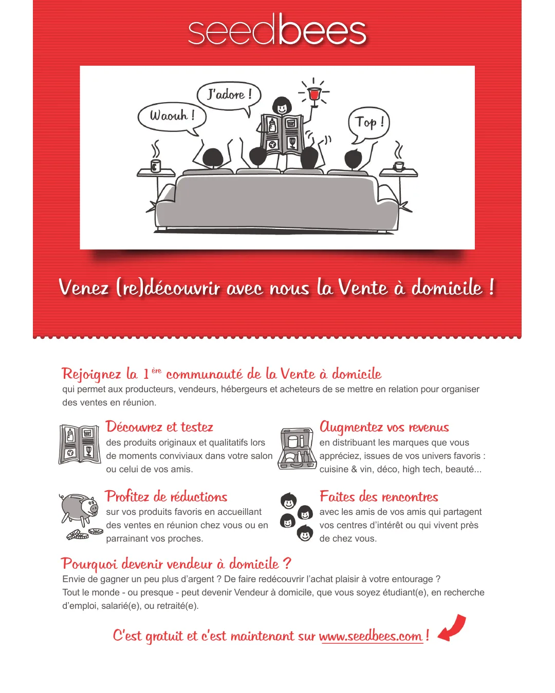 Flyer de Seedbees de 2011 : sur un bandeau rouge, le logo et des personnages dessinés sur un canapé (« Waouh ! », « J’adore ! », « Top ! »), le slogan « Venez (re)découvrir avec nous la Vente à domicile ! », puis les arguments de la communauté et l’adresse www.seedbees.com.